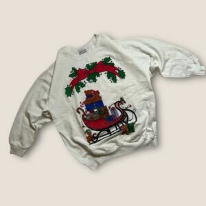 Vintage 90s Andover Christmas Sweatshirt Teddy Bear Sleigh Graphic White VTG L